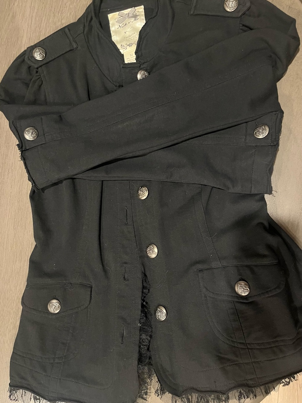 Black Women’s Black Military-Style Button Jacket + Lace Trim